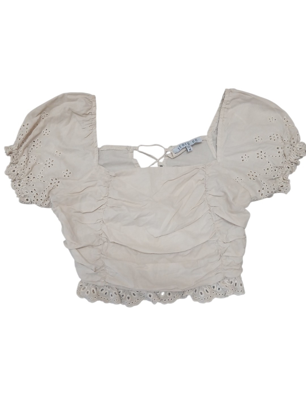 Smocked Eyelet Puff Sleeve Cropped Top - Cream